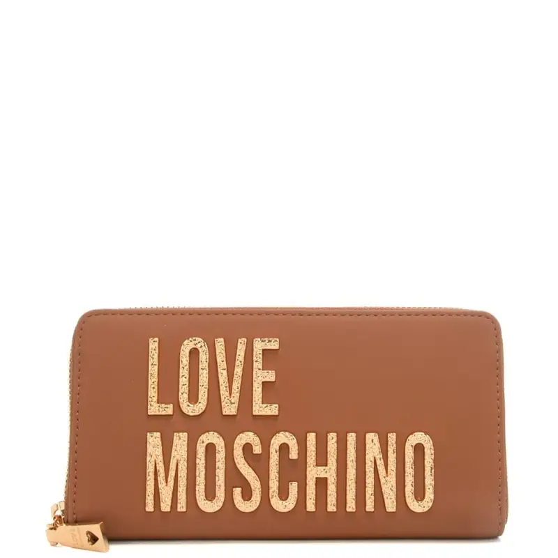 Moschino portafoglio grande da donna con maxi logo lettering in metallo dorato scabro cuoio