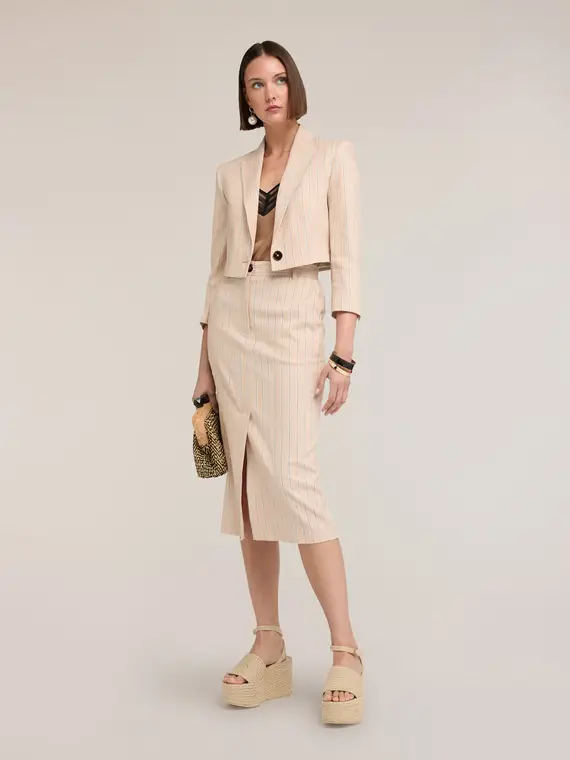 Motivi Blazer spencer in misto lino a righe Donna, Beige