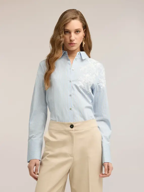 Motivi Camicia a righe con ricamo floreale Donna, Azzurro
