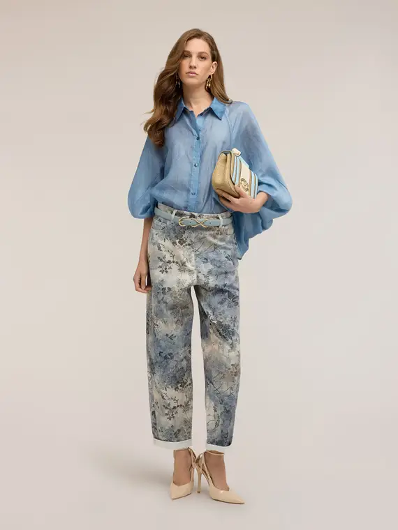Motivi Pantaloni boyfit in drill di cotone stampato Donna, Azzurro