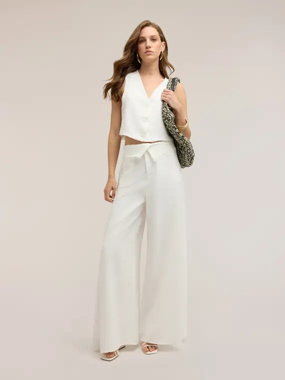 Motivi Pantaloni palazzo con dettaglio in pizzo Donna, Bianco