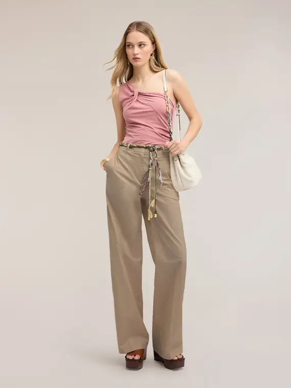 Motivi Pantaloni palazzo in cotone con cintura Donna, Beige