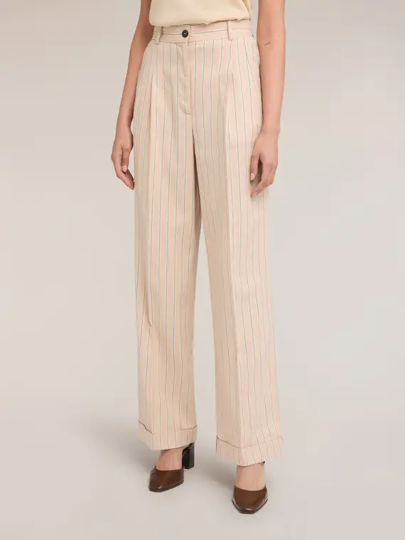 Motivi Pantaloni palazzo in misto lino a righe Donna, Beige