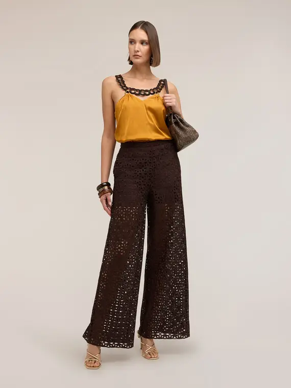 Motivi Pantaloni palazzo in pizzo macramé Donna, Marrone