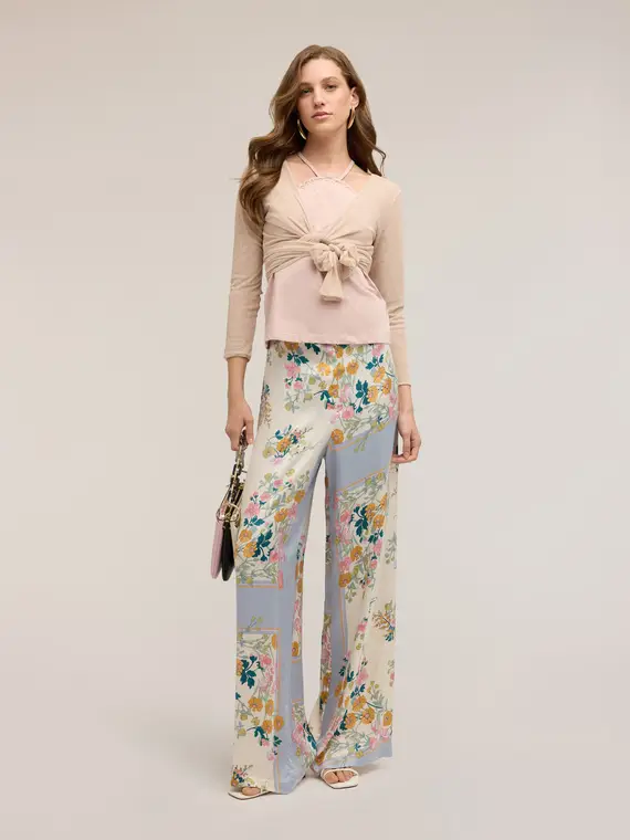 Motivi Pantaloni palazzo in raso con stampa Donna, Bianco