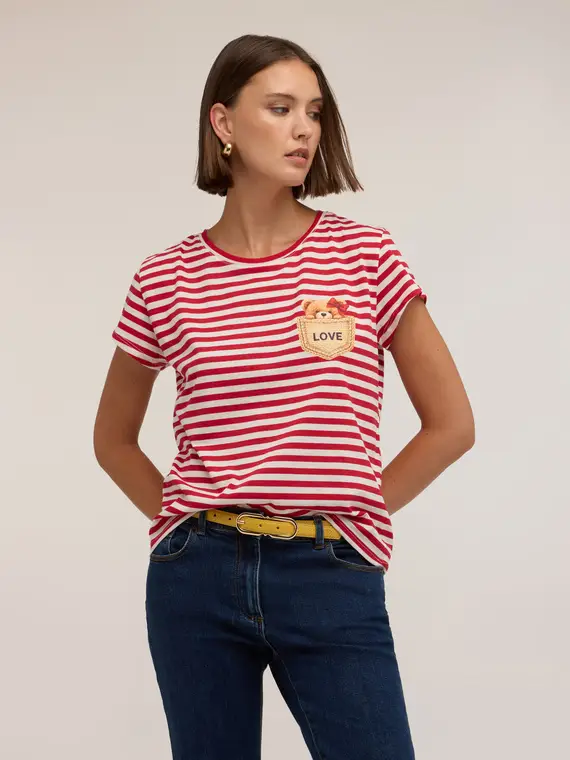 Motivi T-shirt a righe con applicazione orsetto Donna, Rosso