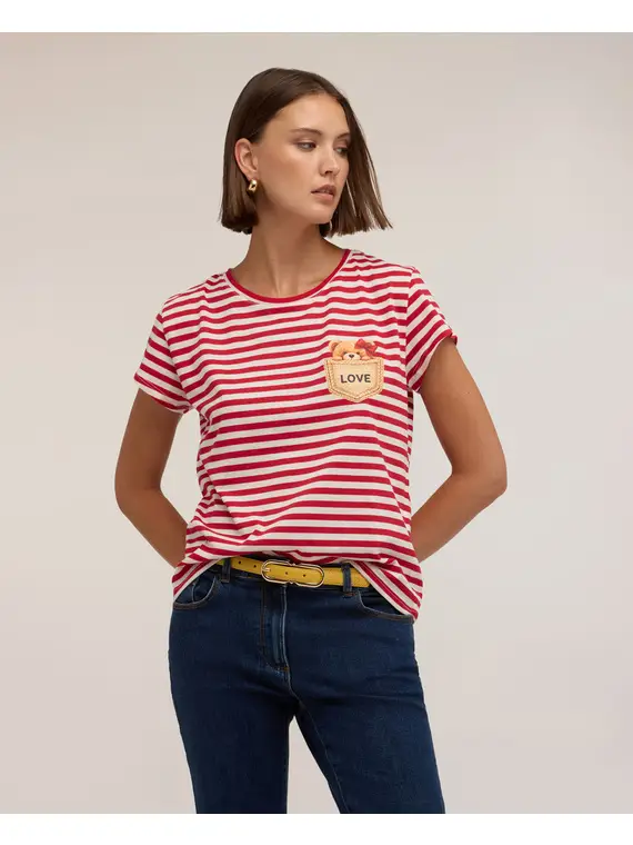 Motivi T-shirt a righe con applicazione orsetto Donna, Rosso