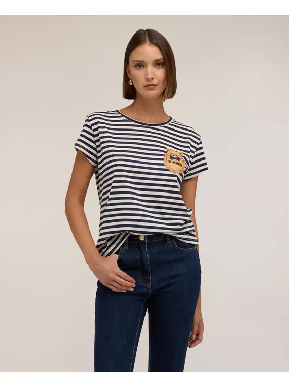 Motivi T-shirt a righe con patch Donna, Blu