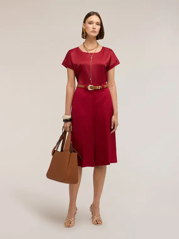 T-shirt bimaterica misto cotone Donna, Bordeaux