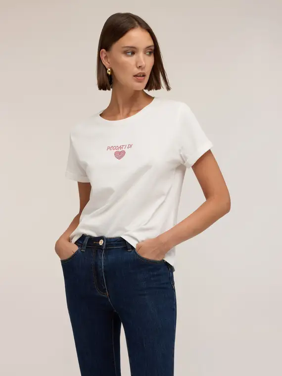 Motivi T-shirt con scritta e cuore in strass Donna, Bianco
