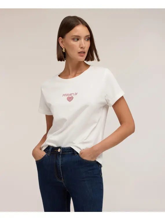 Motivi T-shirt con scritta e cuore in strass Donna, Bianco