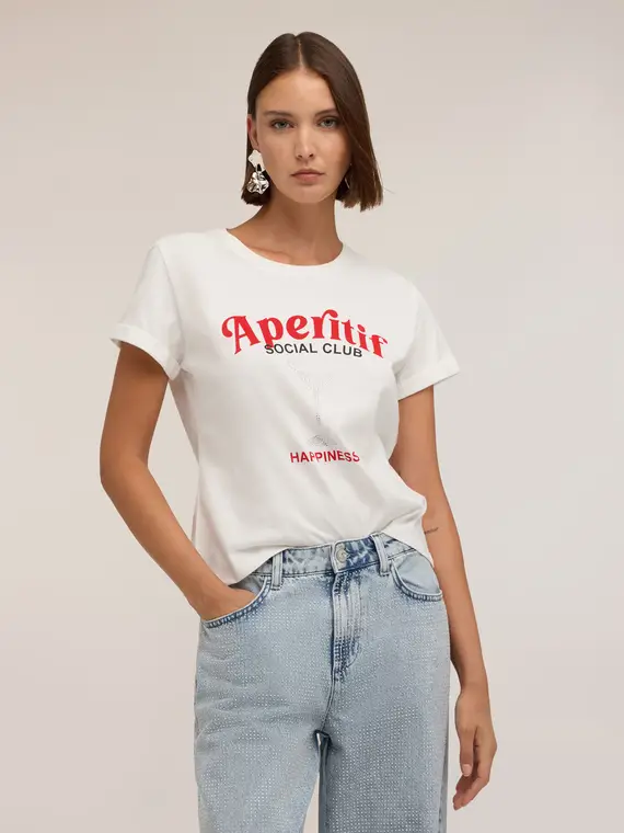 Motivi T-shirt con stampa e applicazioni di strass Donna, Bianco