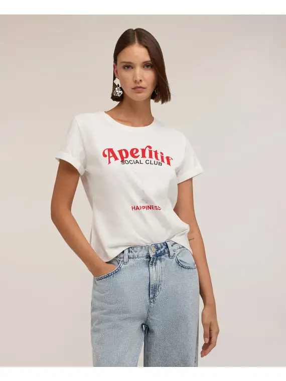 Motivi T-shirt con stampa e applicazioni di strass Donna, Bianco