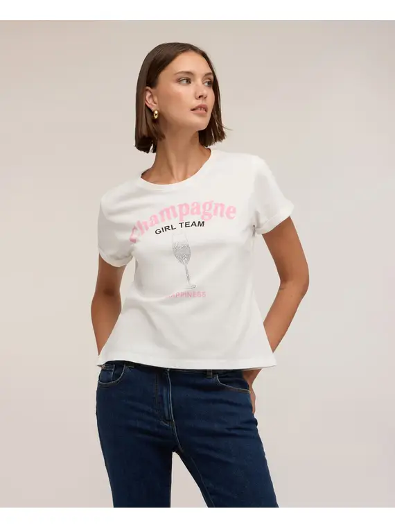 Motivi T-shirt con stampa e applicazioni di strass Donna, Bianco