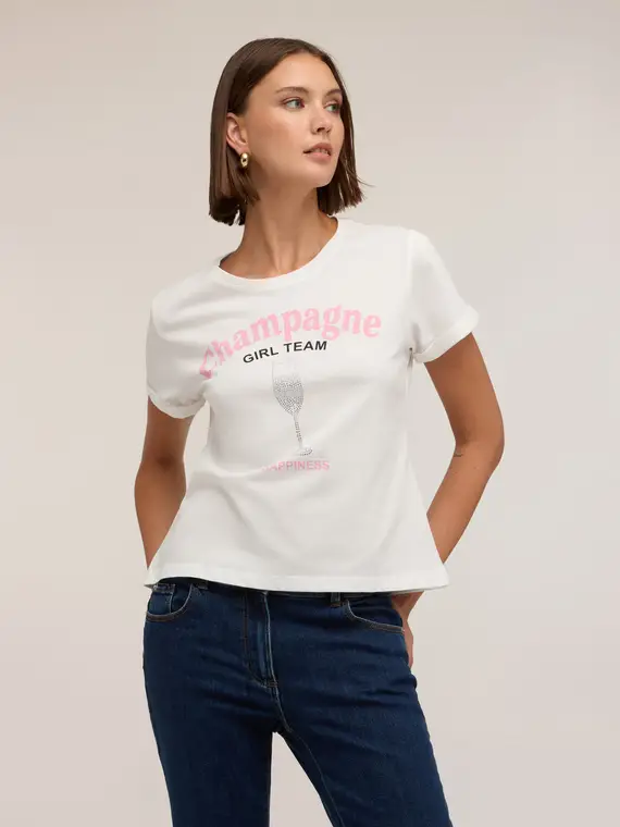 Motivi T-shirt con stampa e applicazioni di strass Donna, Bianco