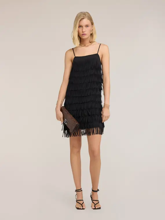 Motivi Vestito corto in georgette con frange Donna, Nero