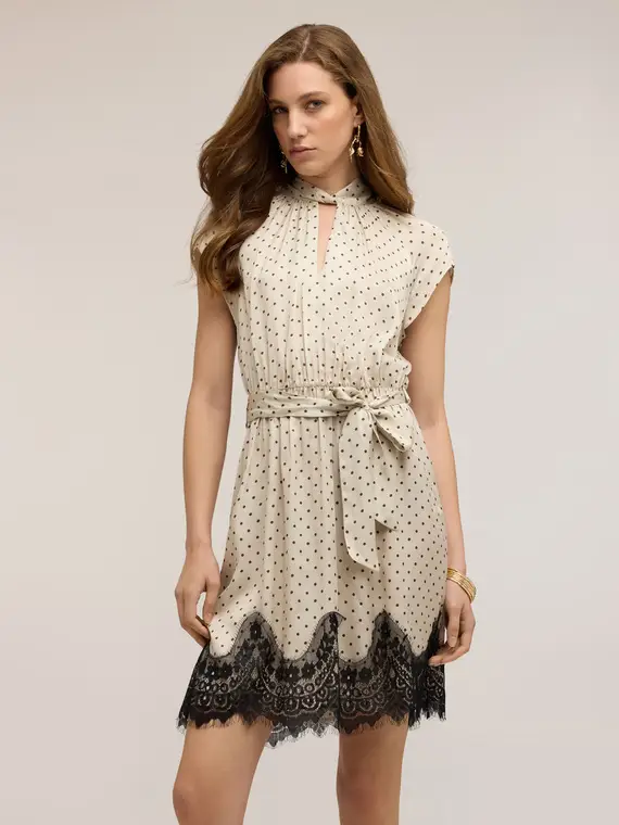 Motivi Vestito in raso a pois con pizzo Donna, Bianco