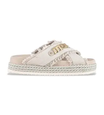 Mou per donna MU SW451005K Sandali incrociati in tela riciclata scamosciata color bianco sporco, 3 a 5cm, Camoscio, Nessuno, Casual