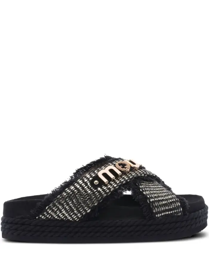 MOU Sandali nero con suola intrecciata e logo metallico oro