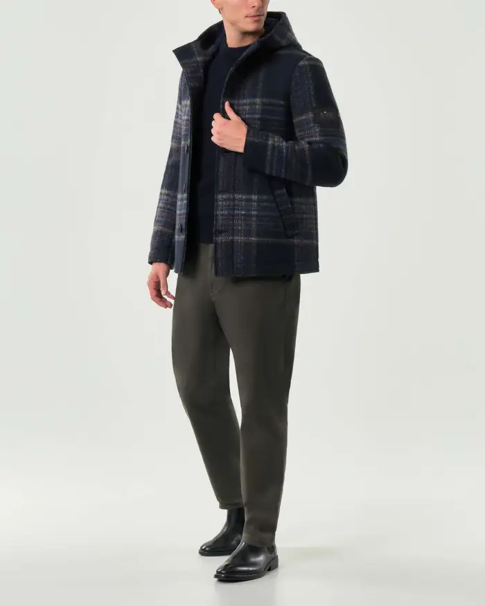 My Stuff Cappotto corto con cappuccio in misto lana accoppiata a fantasia check blu azzurra e ocra