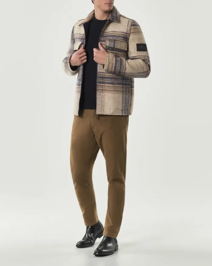 My Stuff Giacca in misto lana accoppiata a fantasia check beige noce e blu con chiusura zip