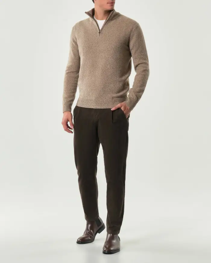 My Stuff Maglione noce mouliné in lana sulla finezza 7 con apertura a mezza zip