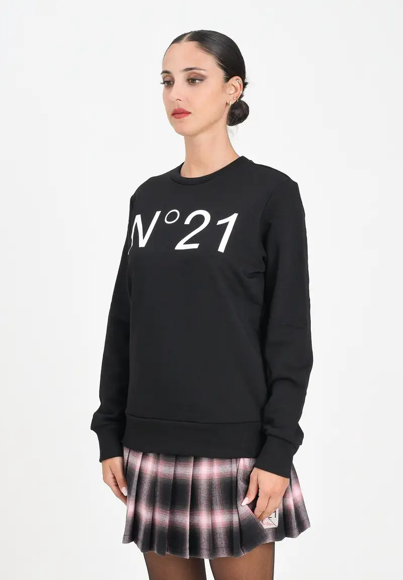 N21 Felpa girocollo nera per donna, ragazzi e bambini con logo a contrasto