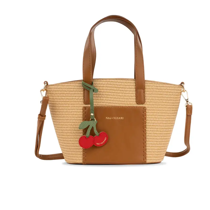 NAJ OLEARI Borsetta marrone da donna effetto paglia con ciondolo a ciliegia