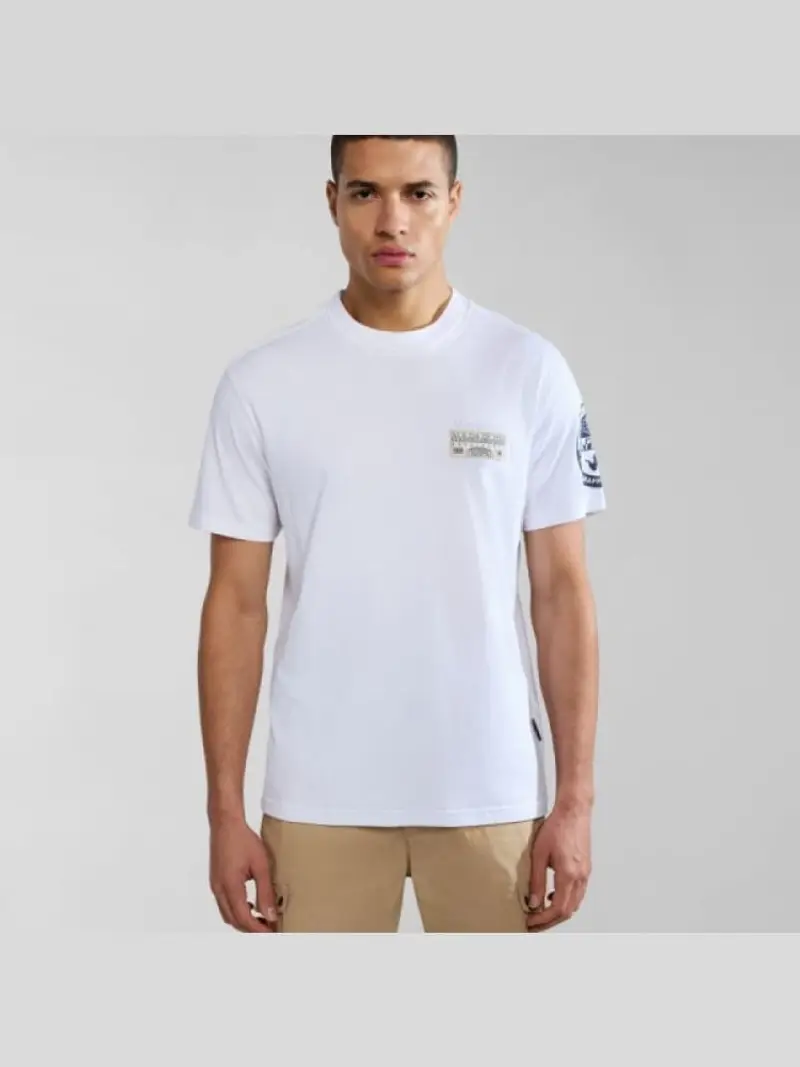 Napapijri tshirt bianca uomo in cotone maxi logo sul braccio