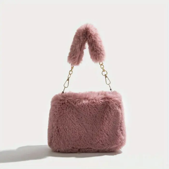 Borse a spalla soffici da donna Borsa sottospalla a catena invernale da donna Borsa a mano a tinta unita Borsa con manico in peluche morbido rosa