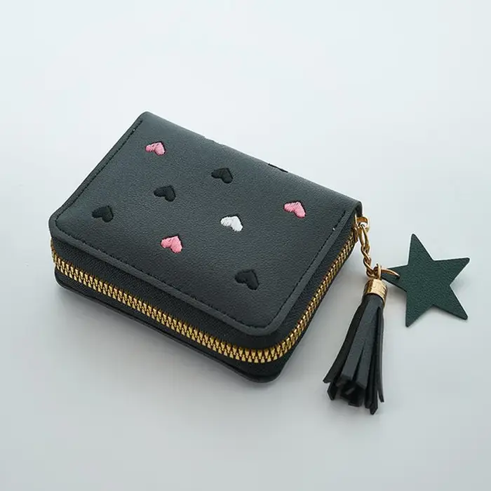 Portacarte in Ecopelle Mini Portafoglio Fermasoldi da Donna Ricamo Amore Portafoglio Multifunzionale da Donna Borse Corte per Documenti nero