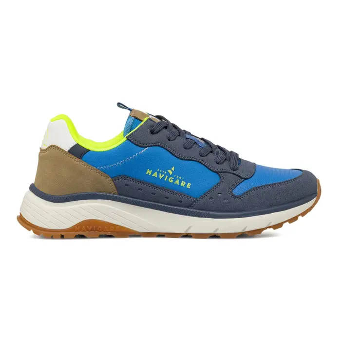 NAVIGARE Sneakers blu da uomo con inserti effetto scamosciato e dettagli fluo