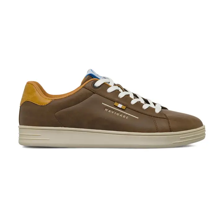 NAVIGARE Sneakers marroni da uomo con dettagli senape e lacci bianchi