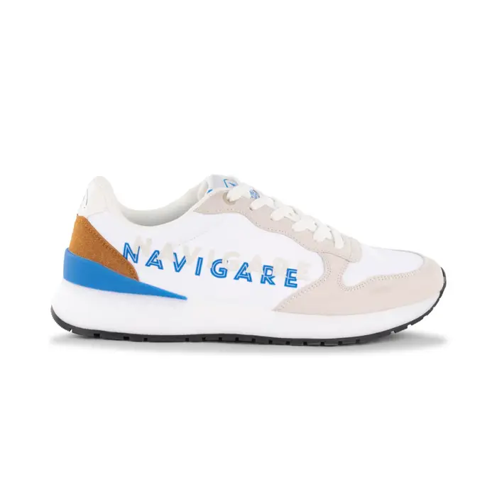 NAVIGARE Sneakers sportive bianche da uomo con inserti blu e effetto scamosciato