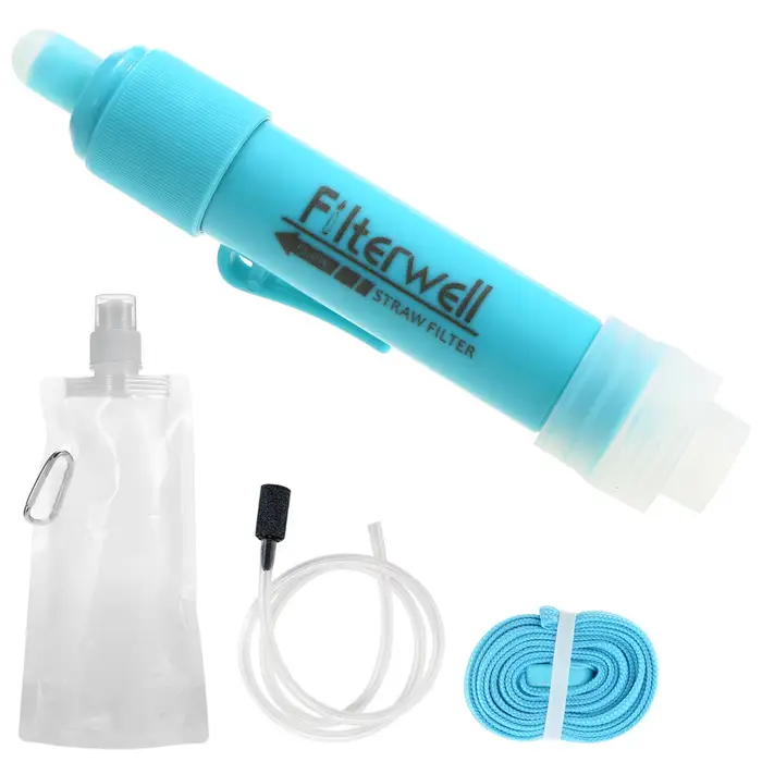 Neoglint Depuratore di paglia con filtro dell acqua per sistema di filtraggio dell acqua esterno con custodia per bere per emergenza blu