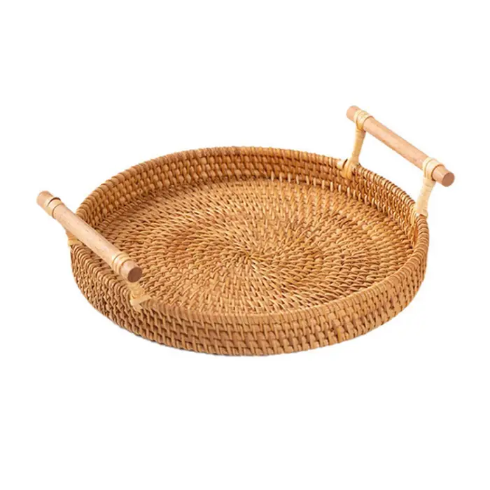 Neoglint Vassoio da portata rotondo in rattan intrecciato con manici per cene con cracker e caffè S cachi