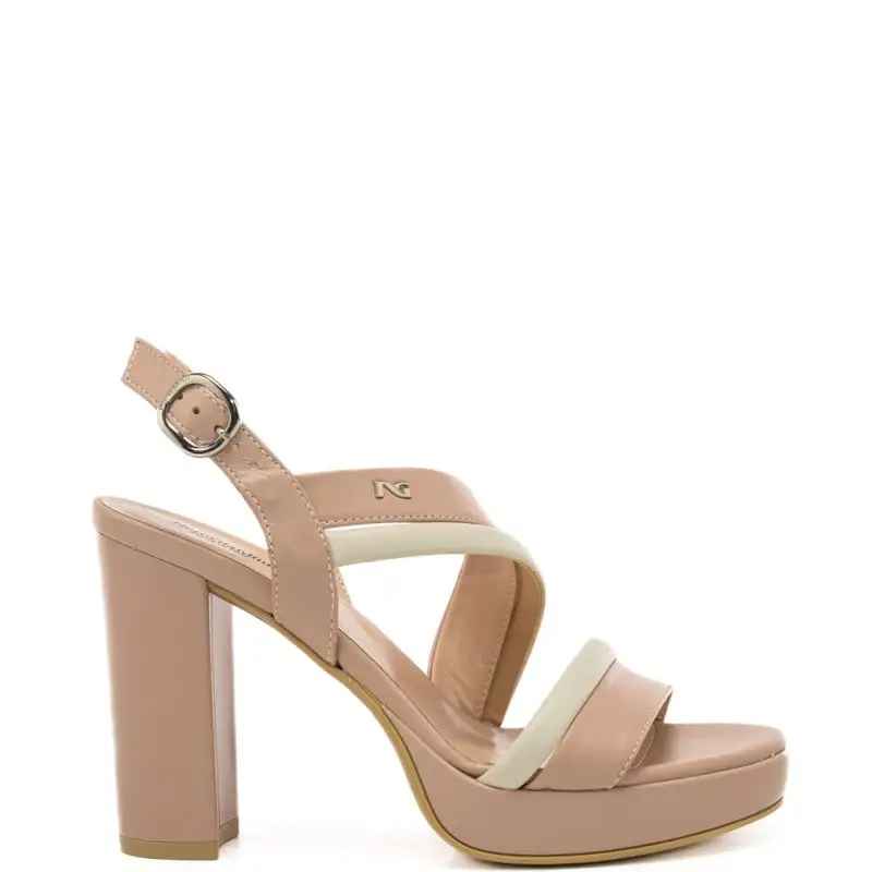 Nerogiardini sandali alti da donna con fascette anteriori incrociate a contrasto e logo monogram nude