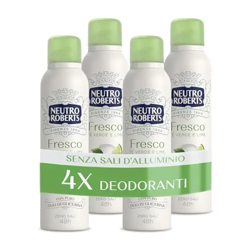 NEUTRO ROBERTS Deodorante Spray Fresco Verde, Té Verde e Lime, Zero Sali di Alluminio, Zero Macchie, con Puro Olio di