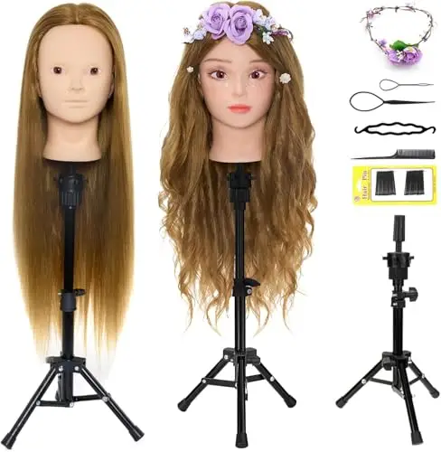 Neverland Beauty & Health Neverland 24 inches Testa per Parrucchieri con Supporto 50% Capelli Veri Testa per Parrucchieri con Treppiede per