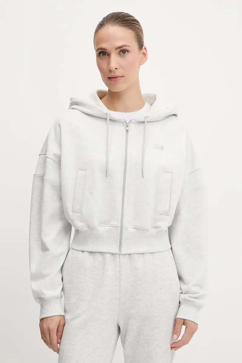 New Balance felpa in cotone donna colore grigio con cappuccio WJ51506AHH