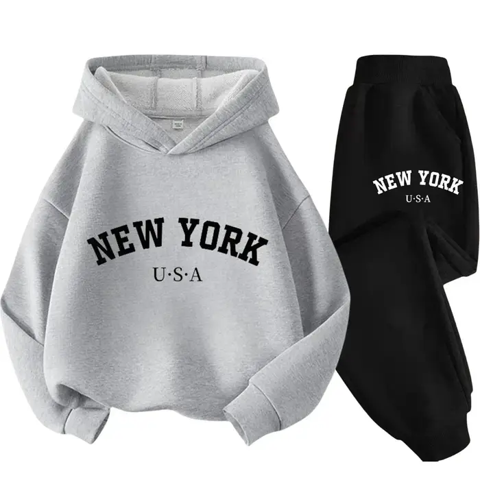 New York USA Felpa con Cappuccio Tuta Autunno Inverno Grafica Lettera Felpa Pantaloni Tuta Bambino Bambina Bambino Sport Set Due Pezzi 170cm