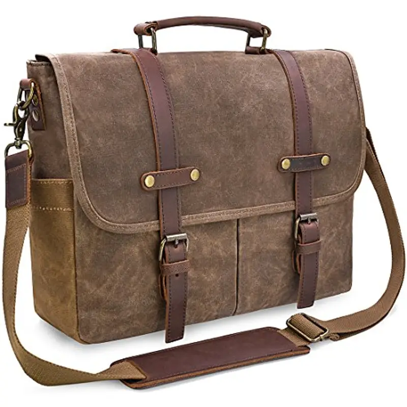 NEWHEY Borsa Lavoro?Uomo Tela Messenger Borse Spalla Laptop Tracolla Impermeabile Tote Grande Scuola Vintage Bag Computer 15.6 Marrone