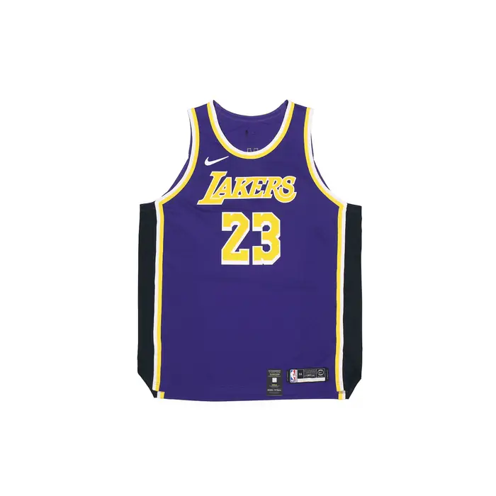 Gilet da Basket Nike NBA Authentic Lakers LeBron James #23 Logo Spliced Senza Maniche Uomo Gilet Viola AJ5197-505 M