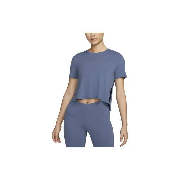 Maglietta da Donna Nike Yoga Dri-Fit a Maniche Corte con Scollo Tondo e Spacco Laterale Top Blu-Grigio DM7026-491 S