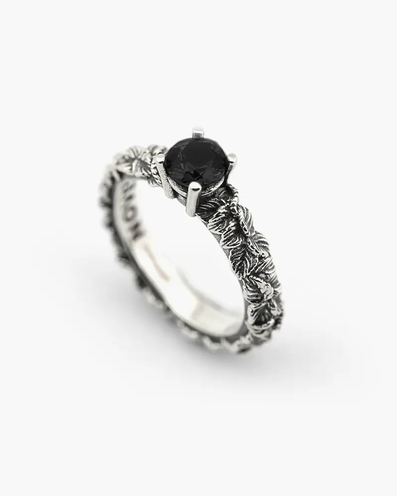 Nove25 Anello Fedina Solitario Foglie Con Zirconia Cubica Nera Brunito Lucido