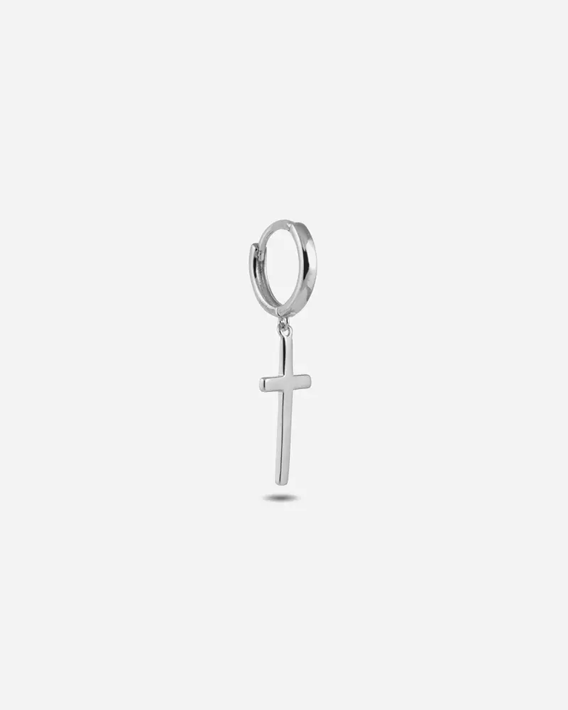 Nove25 Orecchino A Cerchio Con Croce Grande Pendente In Argento Rodiato Lucido