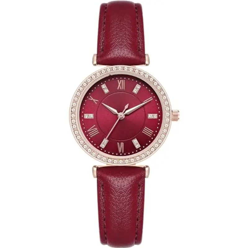 NUOVO Orologio da donna da donna, con lunetta in strass, orologio da donna al quarzo, classico, elegante, per feste, Rosso vinaccia