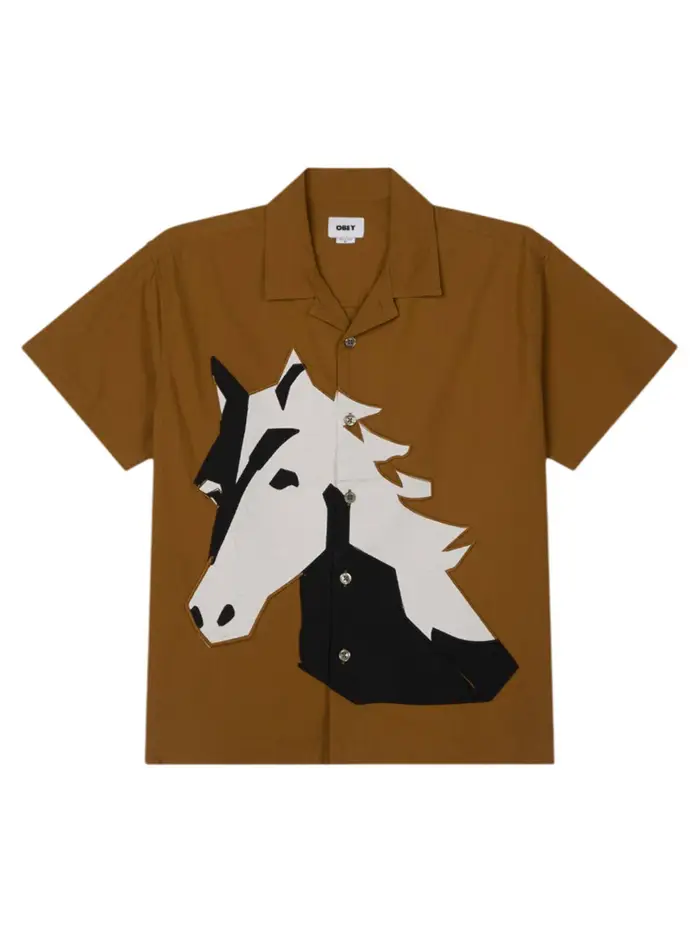 Obey Beau cuban shirt camicia maniche corte con stampa applicata - breen multi BROWN