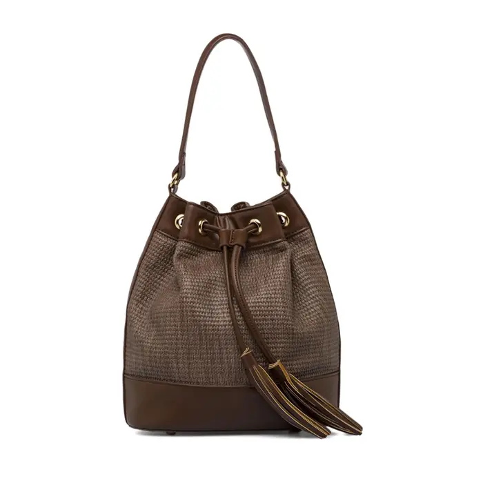 OBSEL Borsa a secchiello marrone da donna in pelle con dettagli intrecciati UNICA