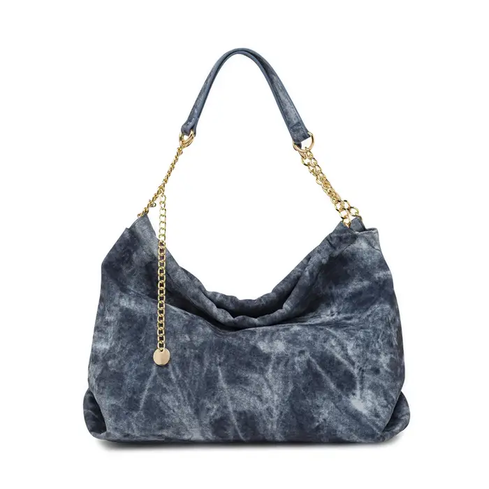 OBSEL Borsa giorno da donna blu effetto denim con catena oro e ciondolo UNICA